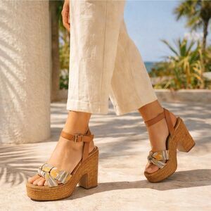 Sam Edelman Theresa Wedge Sandals 9 Platform Raffia Leather Ankle Strap Square